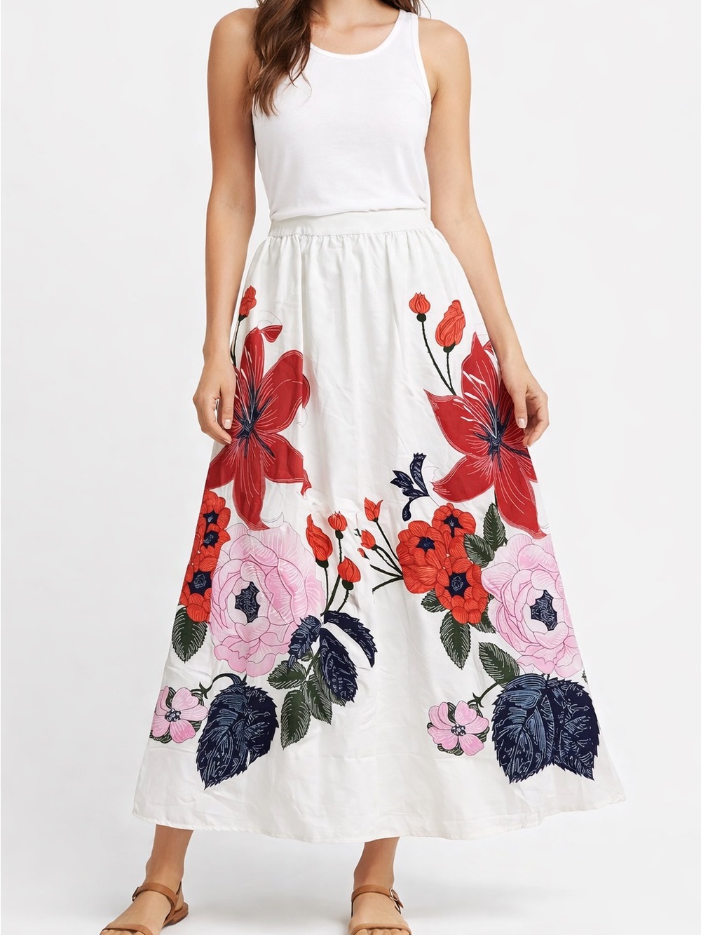 White Maxi Skirt with Red & Pink Floral Print